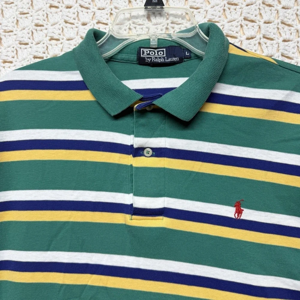 Polo Ralph Lauren Shirt Men L Green Blue White Stripe Red Pony Polo Vtg USA Made